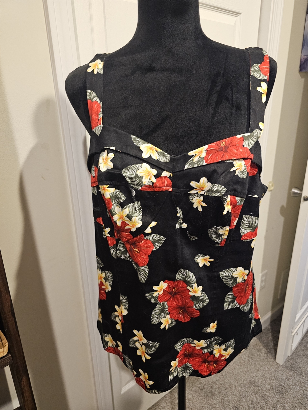 Retro Chic Black Tank Top with Red & Yellow Floral Print
